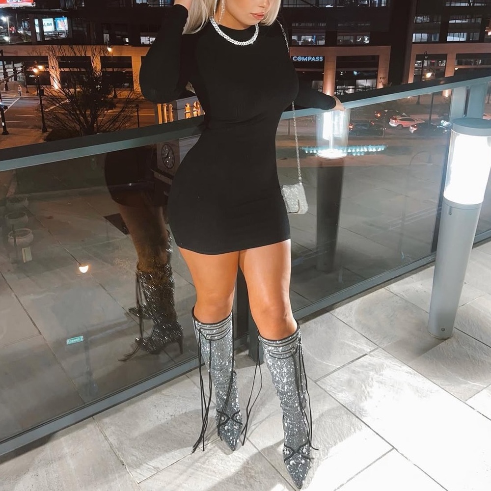 Sparkly Rhinestone Black and Silver Knee-High Boots